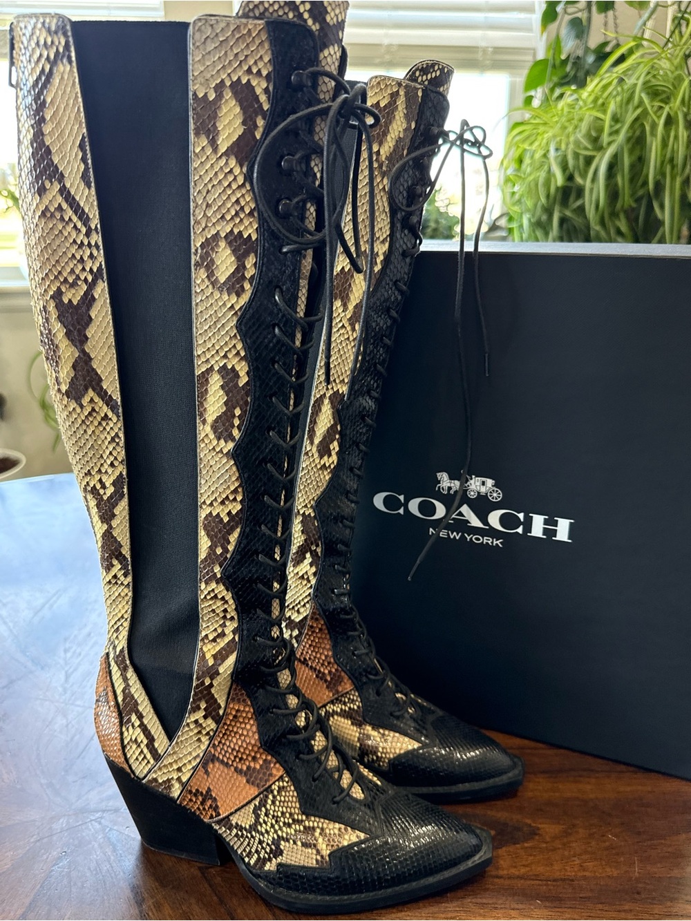 Coach Snakeskin Leather Tie Front Zip Back Knee Boots EUC Size 6